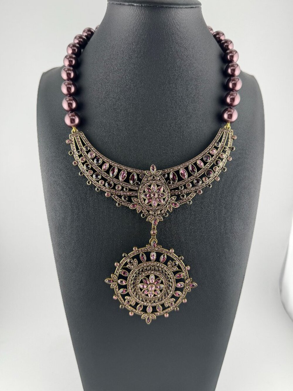 Heidi Daus French Twist Purple Faux Pearl Swarovski Crystal Brooch Necklace